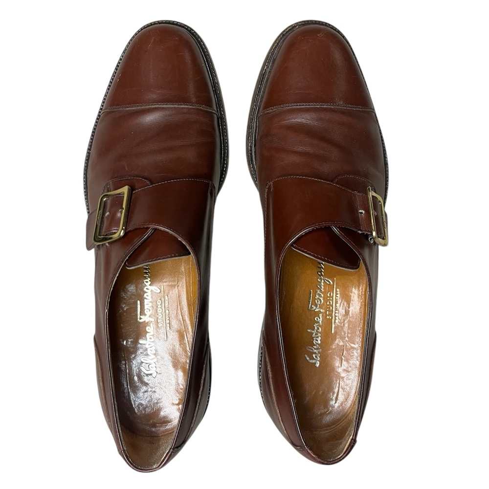 Authentic Salvatore Ferragamo Men's Leather Monk Strap Captoe Brown Men